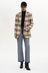 Tartan Brushed Wool Oversized Jacket Check ecru/lilac front worn view