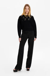 Women Openwork Floral Sweater Black front worn view
