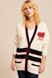 Women V-neck Long Cardigan Ecru front worn view