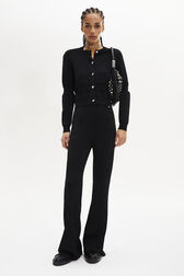 Long-Sleeved Crew-Neck Cardigan Black front worn view