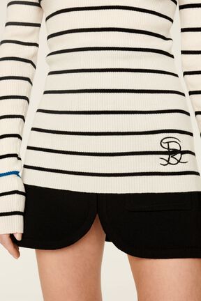Hoodie laine côtelée femme Raye noir/ecru vue de détail 2
