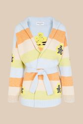Women - Belted Cardigan with Multicolored Pastel Stripes, Multico front view