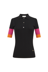 Women Solid - Women Ribbed Viscose Polo Shirt, Black front view
