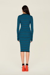 Women Raye - Women Rib Sock Knit Striped Maxi Dress, Striped black/pruss.blue back worn view