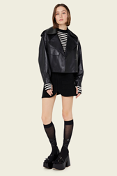 Women Solid - Women Short Leather Black Jacket, Black front worn view