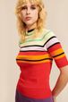 Women Multicolor Short Sleeve Pullover Red front worn view