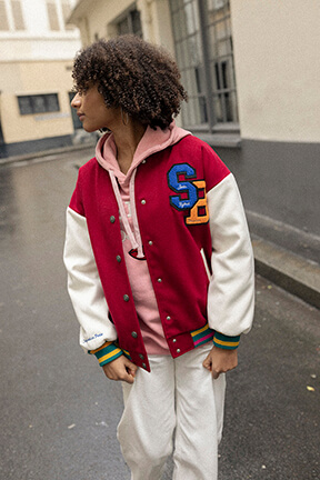 Girls Solid - Girl Varsity Jacket - Bonton x Sonia Rykiel, Burgundy front worn view