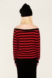 Women Maille - Striped Flower Sweater, Black/red back worn view
