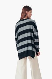 Women - Striped Trompe-L'Oeil Sweater, Black/blue back worn view
