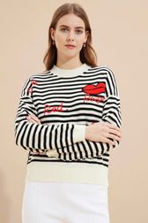 Women - Women Striped Signature Mouth Print Sweater, Black/white details view 1