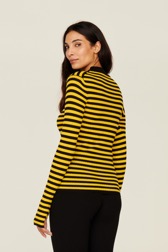 Women Raye - Women Multicoloured Striped Rib Sock Knit Sweater, Striped black/mustard back worn view