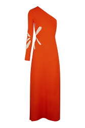 Femme Ajoure - Robe longue assymétrique en maille fleur ajourée femme, Corail vue de face