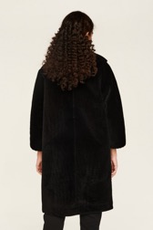 Women Solid - Women Velvet Long Coat, Black back worn view