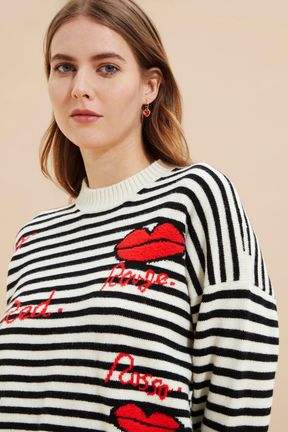 Women - Women Striped Signature Mouth Print Sweater, Black/white details view 2