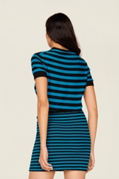 Women Raye - Women Rib Sock Knit Striped Mini Skirt, Striped black/pruss.blue back worn view