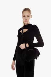 Women Solid - Women Mini Velvet Bag, Black front worn view
