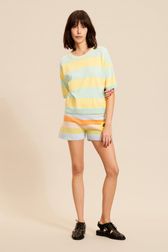 Women Striped Short Sleeve Sweater Light yellow front worn view