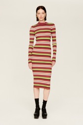 Women Maille - Multicolored Striped Long Dress, Multico emerald striped front worn view