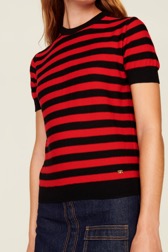 Women Poor Boy Striped Short Sleeve Sweater Black/red details view 2