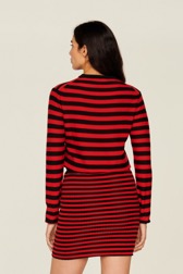 Women Raye - Women Rib Sock Knit Striped Mini Skirt, Black/red back worn view