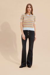 Women - Women Pastel Multicolor Striped Short Sleeve Sweater, Multico front worn view