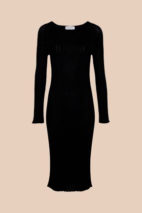 Women Ribbed Knit Long Dress Black front view