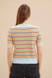 Women Pastel Multicolor Striped Short Sleeve Sweater Multico back worn view