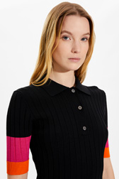 Women Solid - Women Ribbed Viscose Polo Shirt, Black details view 2