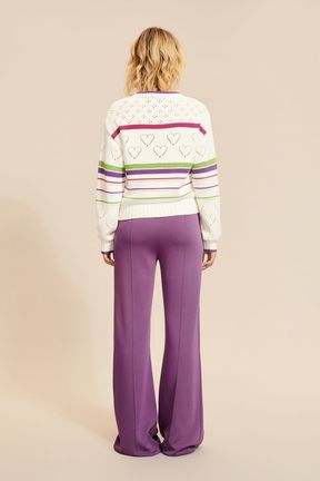 Women Multicolor Striped Openwork Sweater Ecru back worn view