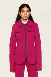 Women Solid - Denim Fushia Jacket, Fuchsia front worn view