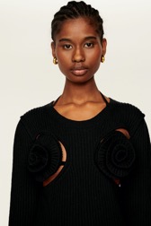 Femme Maille - Pull laine fleur en relief amovible femme, Noir vue de détail 3