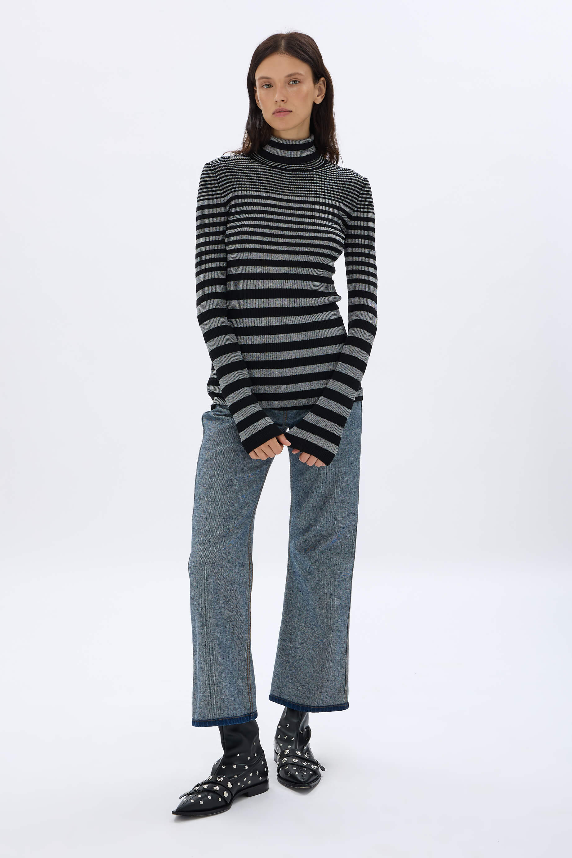 Black and grey striped turtleneck on sale