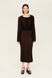 Women Lurex Long Skirt Black/bronze front worn view