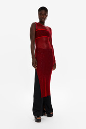 Women Mesh Asymmetric Slit Long Dress Red details view 1