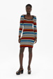 Women Short Dress With Square Neck Multico striped front worn view