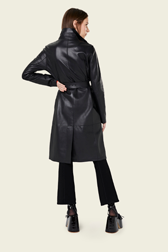 Women Solid - Women Long Black Leather Jacket, Black back worn view