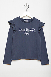 Printed Cotton Girl Long-Sleeved T-shirt Blue front view