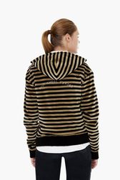 Women Solid - Women Velvet Hoodie, Striped black/khaki back worn view