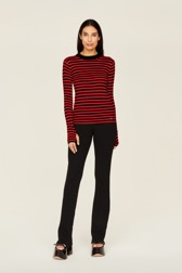 Women Raye - Women Multicoloured Striped Rib Sock Knit Sweater, Black/red front worn view
