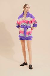 Women - Belted Cardigan with Multicolored Stripes, Lilac details view 1
