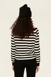 Women Maille - Women Striped Flower Sweater, Black/ecru back worn view