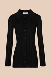 Women - Black Long Sleeve Ribbed Cardigan, Black front view