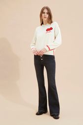 Women - Black long sleeve sweater with bouche embroidery, Ecru front worn view