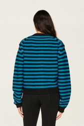Women Raye - Women Big Poor Boy Striped Cardigan, Striped black/pruss.blue back worn view