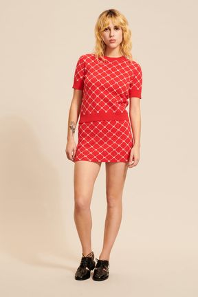Women Jacquard Short Sleeve Sweater Red details view 1