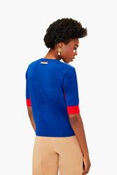 Women - Heart Short Sleeve Sweater, Baby blue back worn view