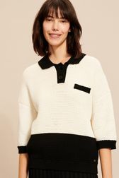 Women - Oversized Cotton Knit Polo Shirt with contrasting trim, Ecru front worn view