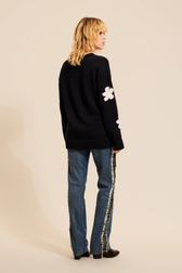 Women - Long Sleeve Sweater with Floral Pattern, Black back worn view
