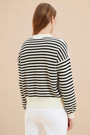 Women Striped Signature Mouth Print Sweater Black/white back worn view