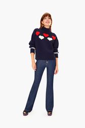 Women - Woolen SR Hearts Sweater, Black/blue front worn view